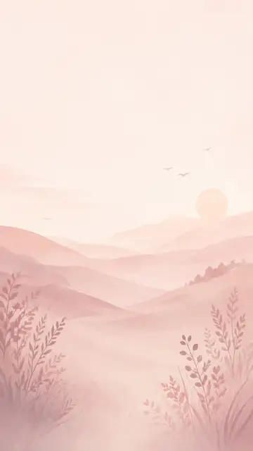 A soft watercolor illustration of layered pink rolling hills under a setting sun.