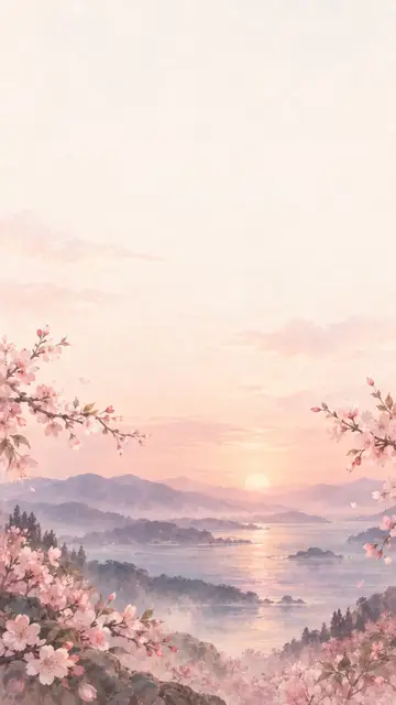 Ramas de cerezo enmarcan montañas y agua iluminadas por un sol suave.