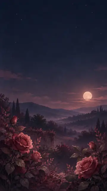 Rosas rosas en primer plano frente a un paisaje montañoso iluminado por la luna llena.