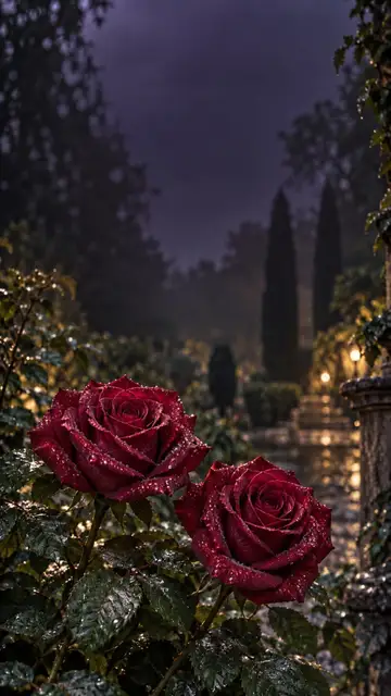Dos rosas rojas cubiertas de gotas de agua florecen en un jardín con poca luz.