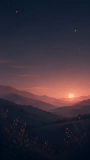 El sol se pone tras varias crestas montañosas bajo un cielo crepuscular oscuro.