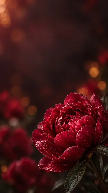 Close-up of a dark red peony flower covered with water droplets against a dark background.